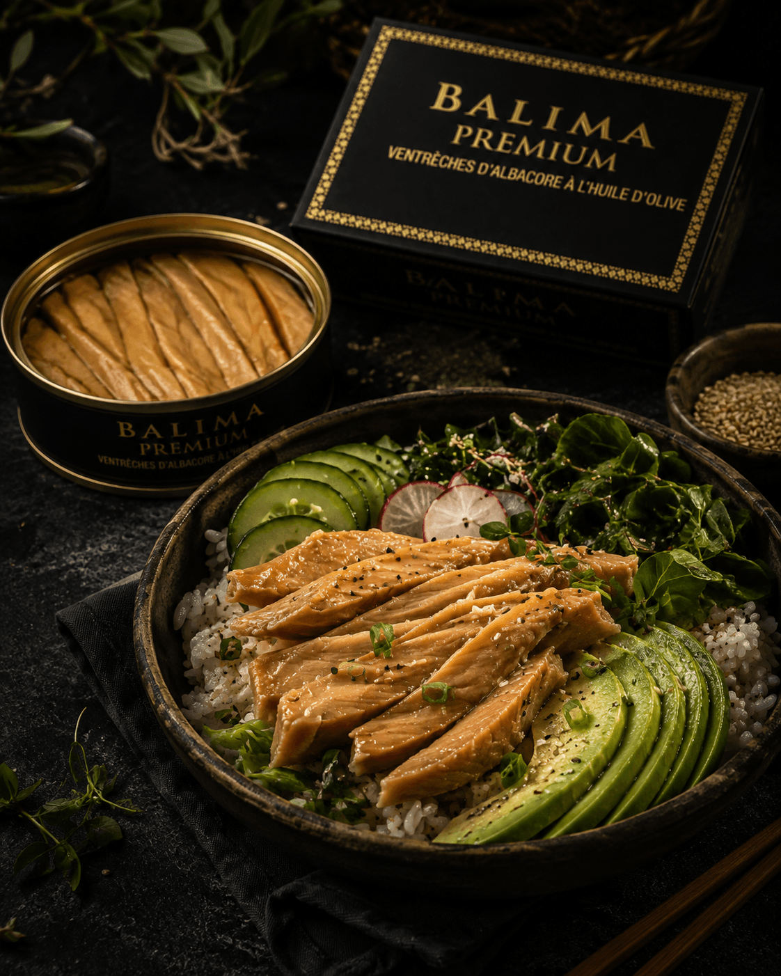 Bol de riz garni de filets de ventrèche, avec avocat, concombre, radis et graines de sésame