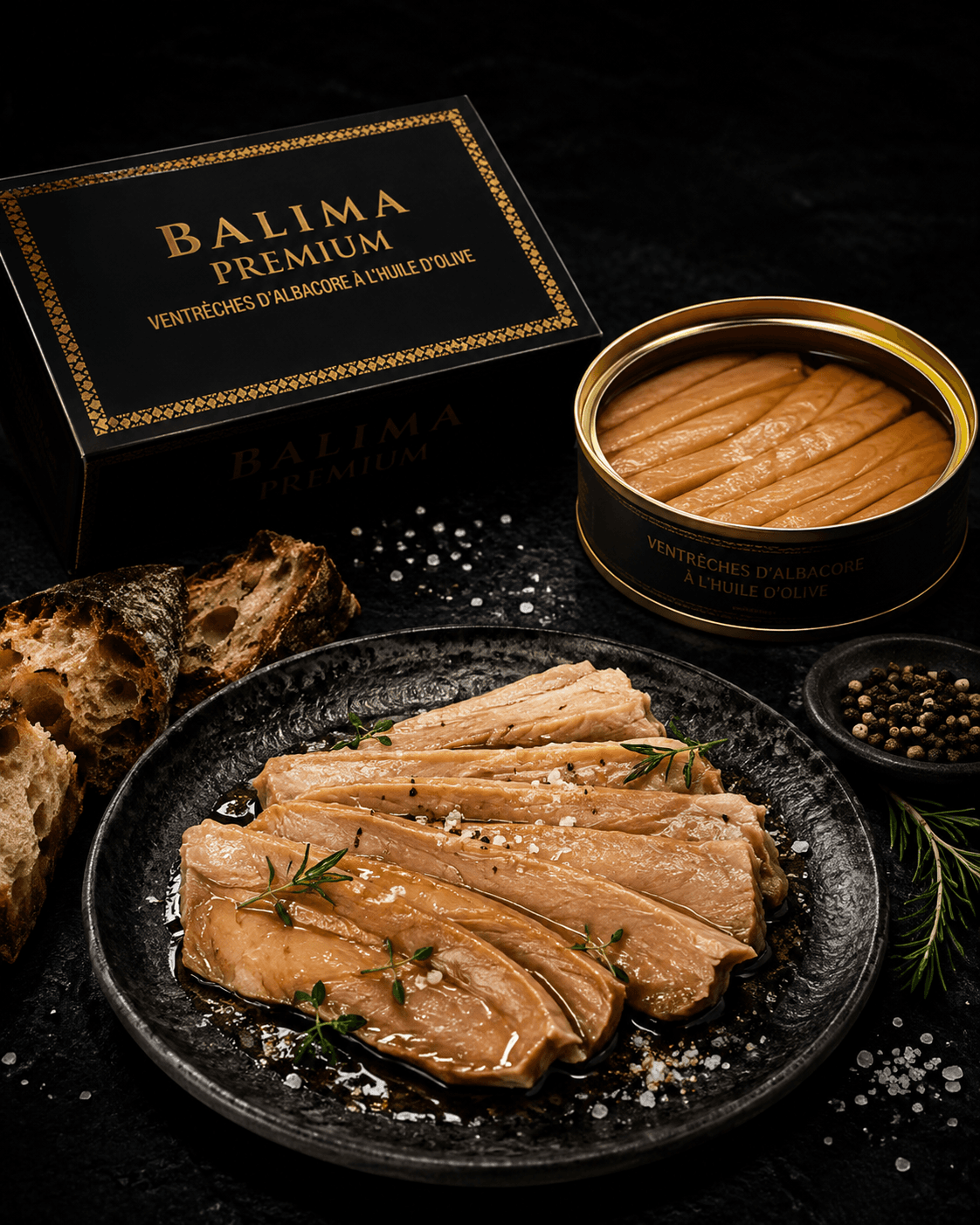 Coffret Balima Premium et boîte ouverte laissant voir les bandes de ventrèche, devant une assiette de filets au thym et à la fleur de sel, avec du pain de campagne