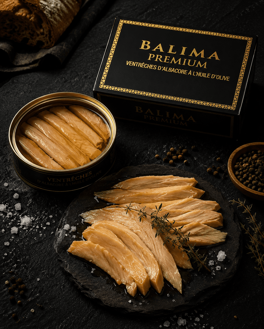 Coffret Balima et boîte ouverte laissant voir les bandes de ventrèche rangées à plat, avec des filets dressés sur une ardoise