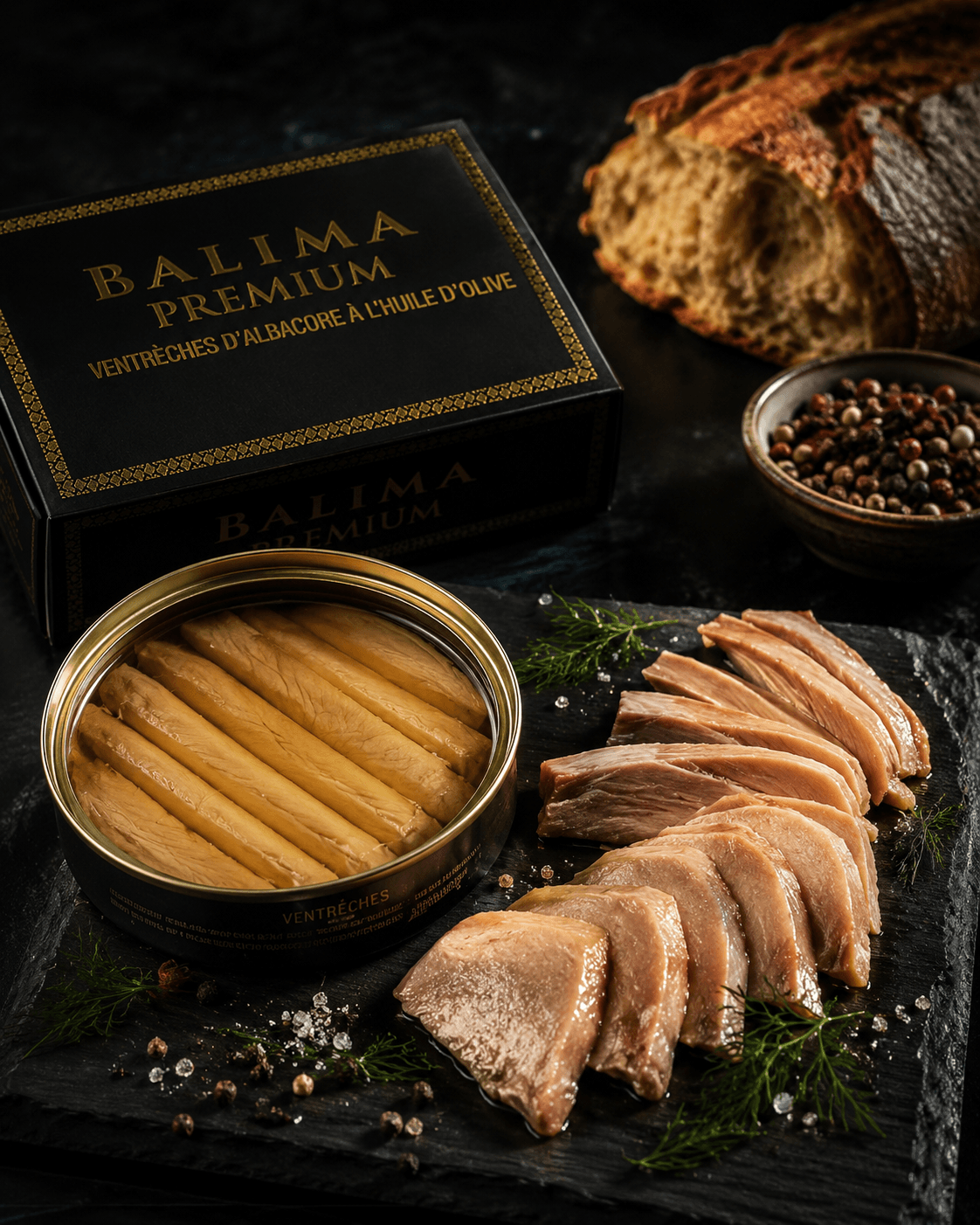 Filets de ventrèche dressés sur une ardoise, à côté de la boîte ouverte et d’une miche de pain de campagne