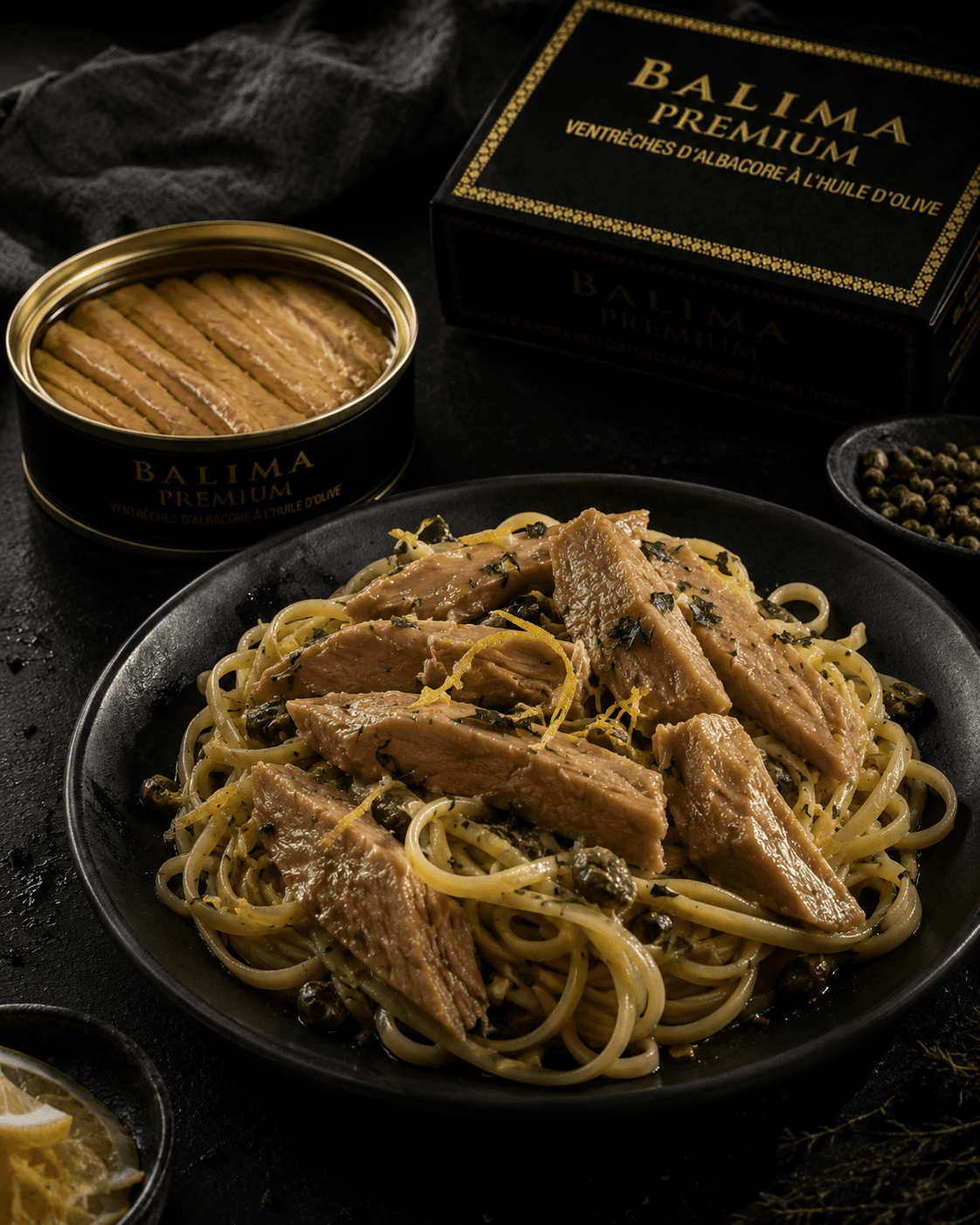 Assiette de linguine aux câpres et au zeste de citron, garnie de filets de ventrèche