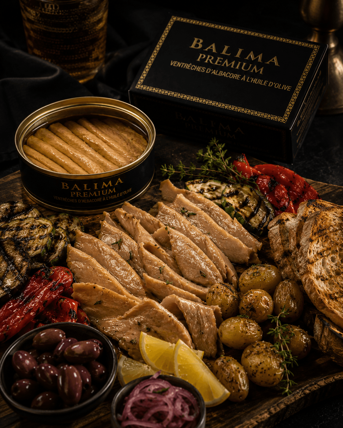 Planche garnie de filets de ventrèche, légumes grillés, olives, pommes de terre, citron et pain toasté, à côté de la boîte ouverte et du coffret