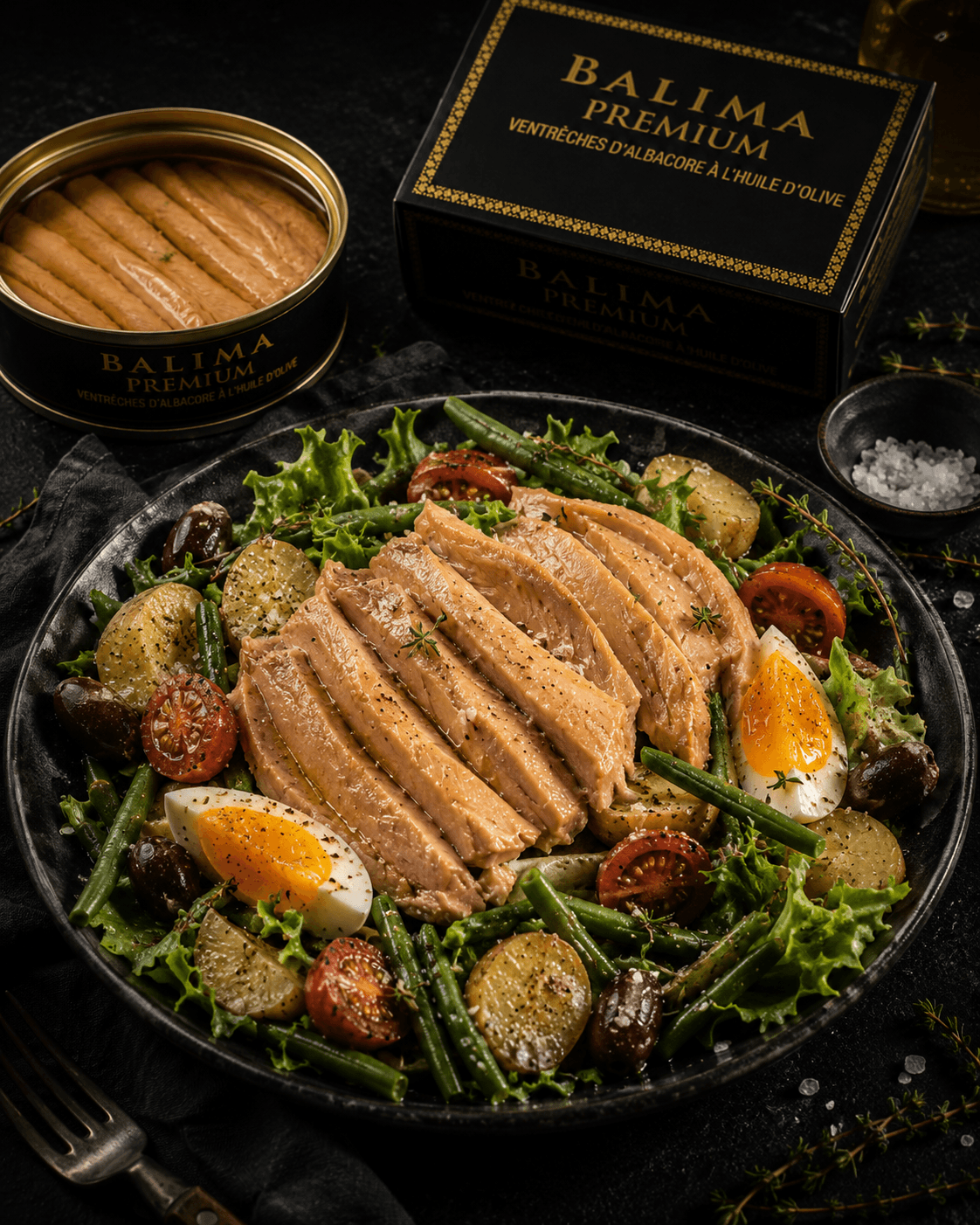 Salade niçoise dans une assiette noire : filets de ventrèche entiers, œuf mollet, haricots verts, pommes de terre, tomates cerises et olives